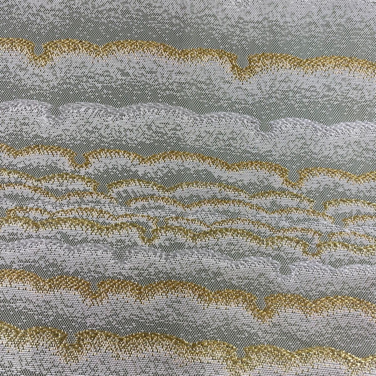 在庫一掃】 袋帯 美品 秀品 雪輪 幾何学模様 金糸 箔 灰緑 六通 正絹