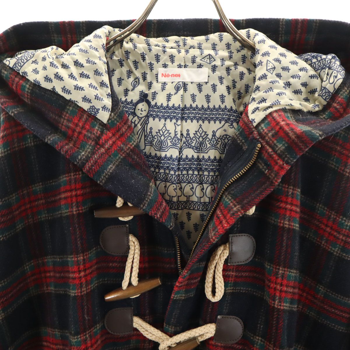 Ne-net フード付きダッフルコート ネイビー・レッドチェック Ne-net ネネット チェック柄 ダッフルコート 2 ネイビー レディース