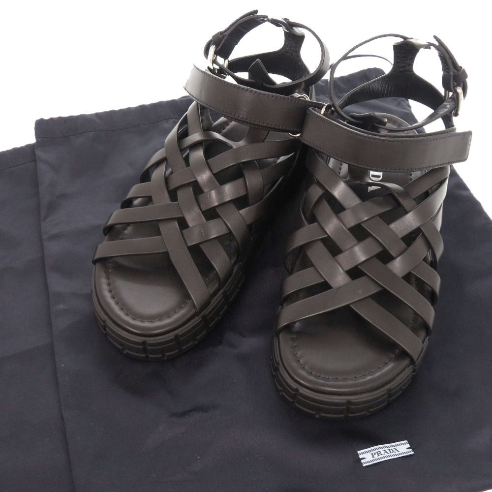 未使用品 プラダ サイズ37 レザー ブラック サンダル メッシュサンダル