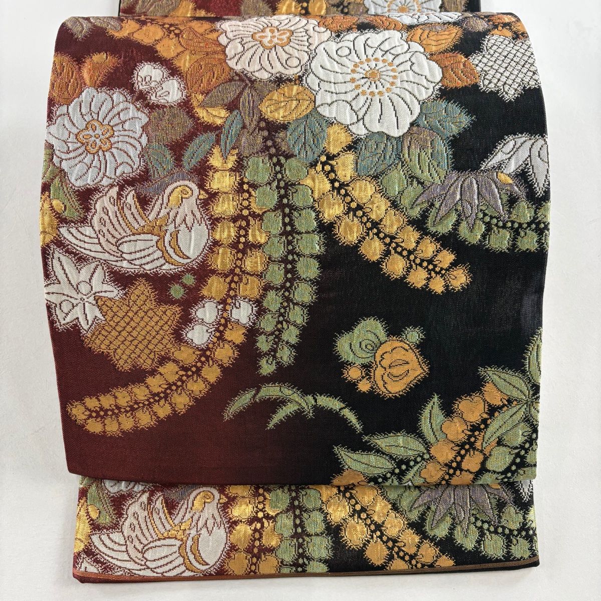 在庫一掃】 【美品】 袋帯 名品 辻が花柄 鳥 箔 金糸 赤茶 六通 正絹 