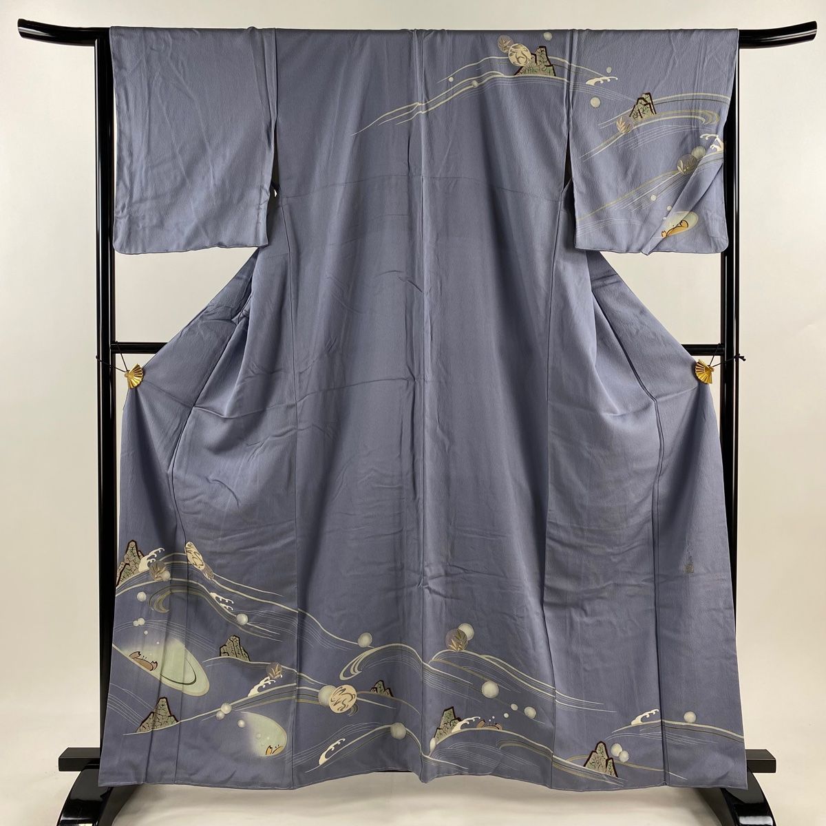 在庫一掃】 訪問着 身丈161cm 裄丈65cm M 袷 落款 かに うさぎ 金彩 青