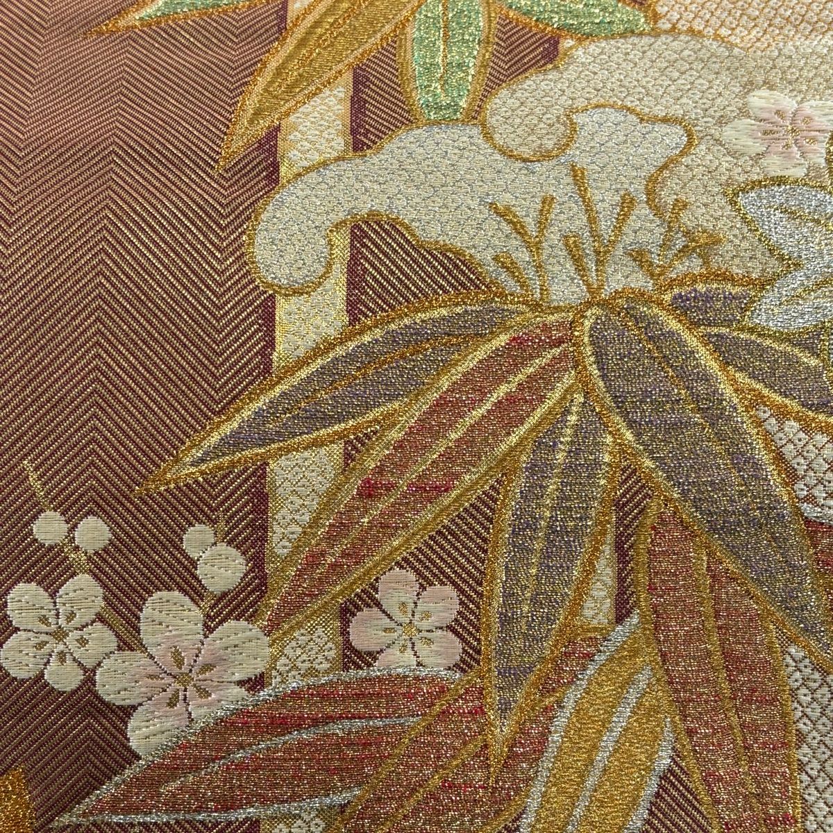 在庫一掃】 袋帯 美品 秀品 竹 梅 金銀糸 箔 茜色 六通 正絹 【中古