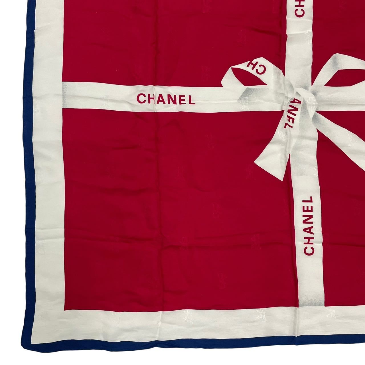 美品 CHANEL シャネル 大判 スカーフ リボン柄 シルク レッド - メルカリ