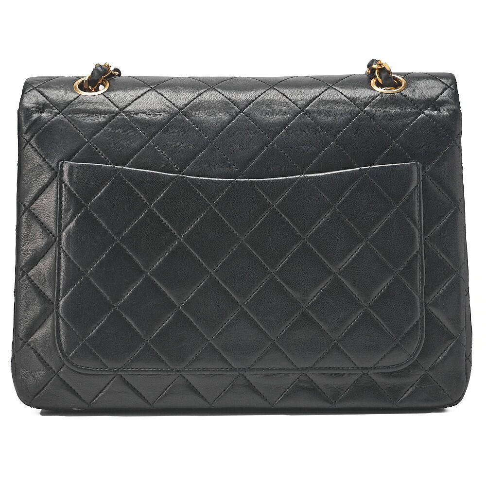 CHANEL ラムスキン マトラッセ Wフラップ 25cm チェーンショルダー 黒