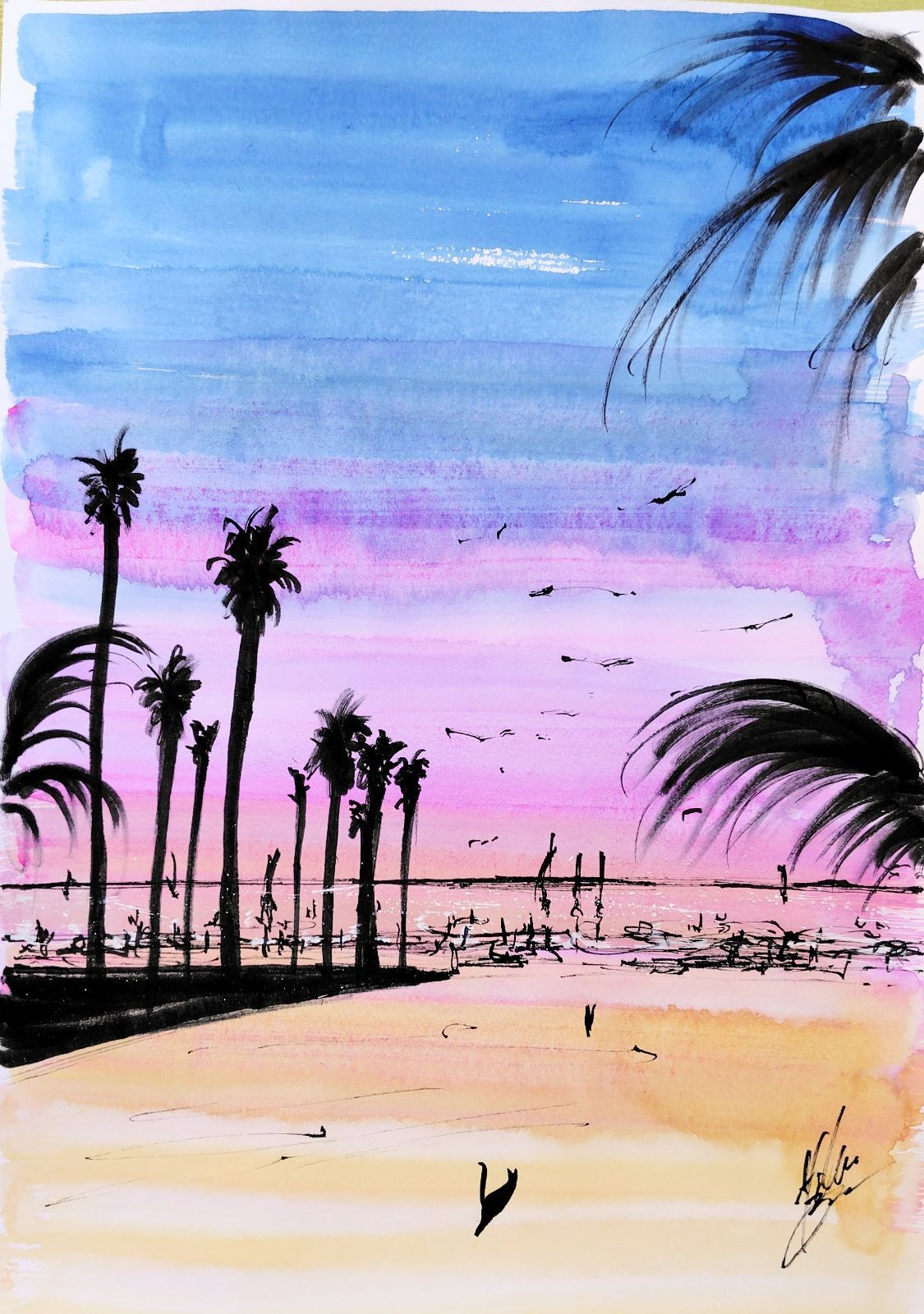 原画#292 黒猫 ロサンゼルス 海 ビーチ 水彩画 ドローイング