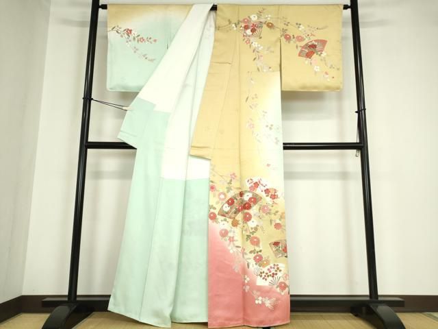 平和屋着物○訪問着 扇面吉祥花文 暈し染め 金彩 正絹 逸品 未使用