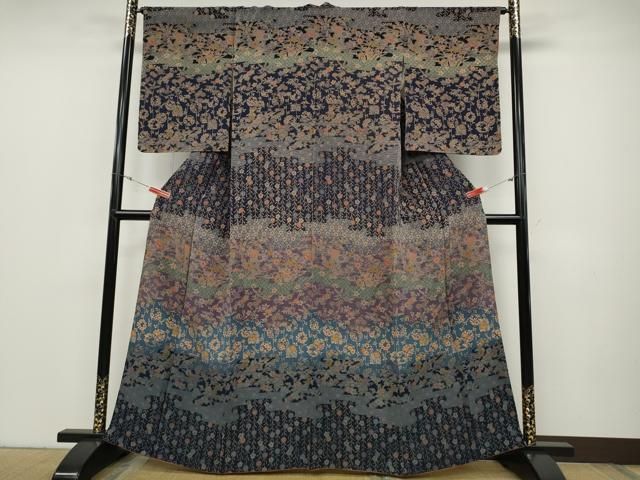 平和屋着物○訪問着 型染め 横段吉祥草花文 鬼しぼ縮緬 正絹 逸品