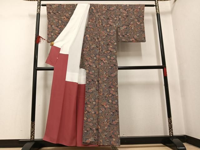 平和屋着物○上質な小紋 型染め 花鳥文 鬼しぼ縮緬 高島屋扱い 正絹