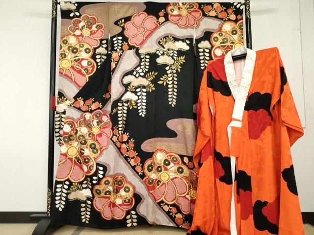 6k15 着物&羽織セット　袷　黒　白　橙色　柄物　和装 6k15 着物&羽織セット 袷 黒 白 橙色 柄物 和装