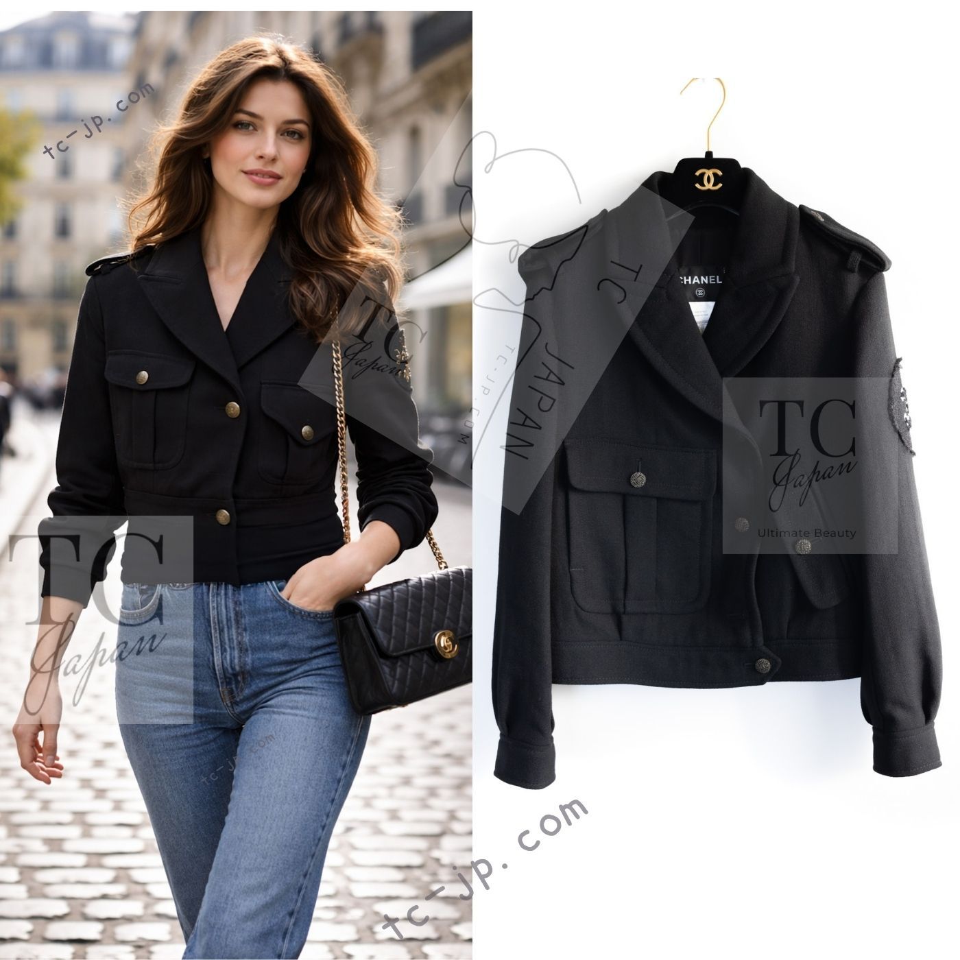 シャネル ブルゾン ジャケット CHANEL ブラック CC ロゴ ライダース 腕