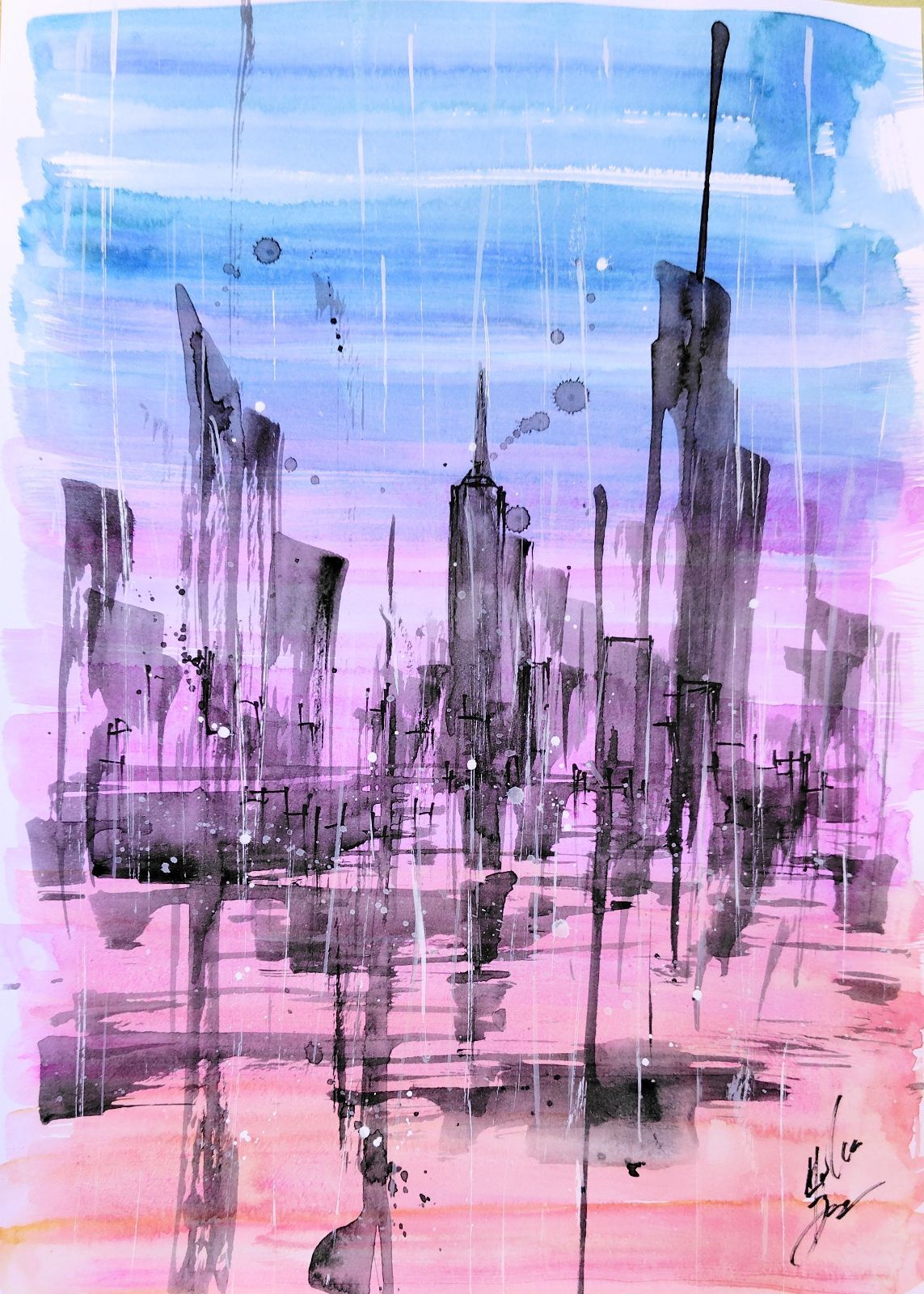 原画#293 ニューヨーク 雨 水彩画 ドローイング インテリア アート