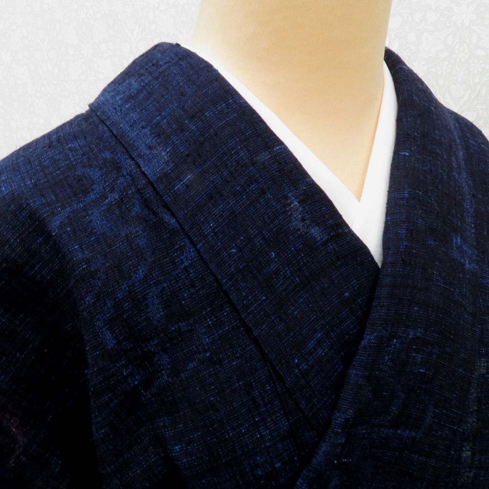 紬 着物 袷 紺青ミックス×青ピンク緑 幾何学調柄 広衿 正絹 カジュアル