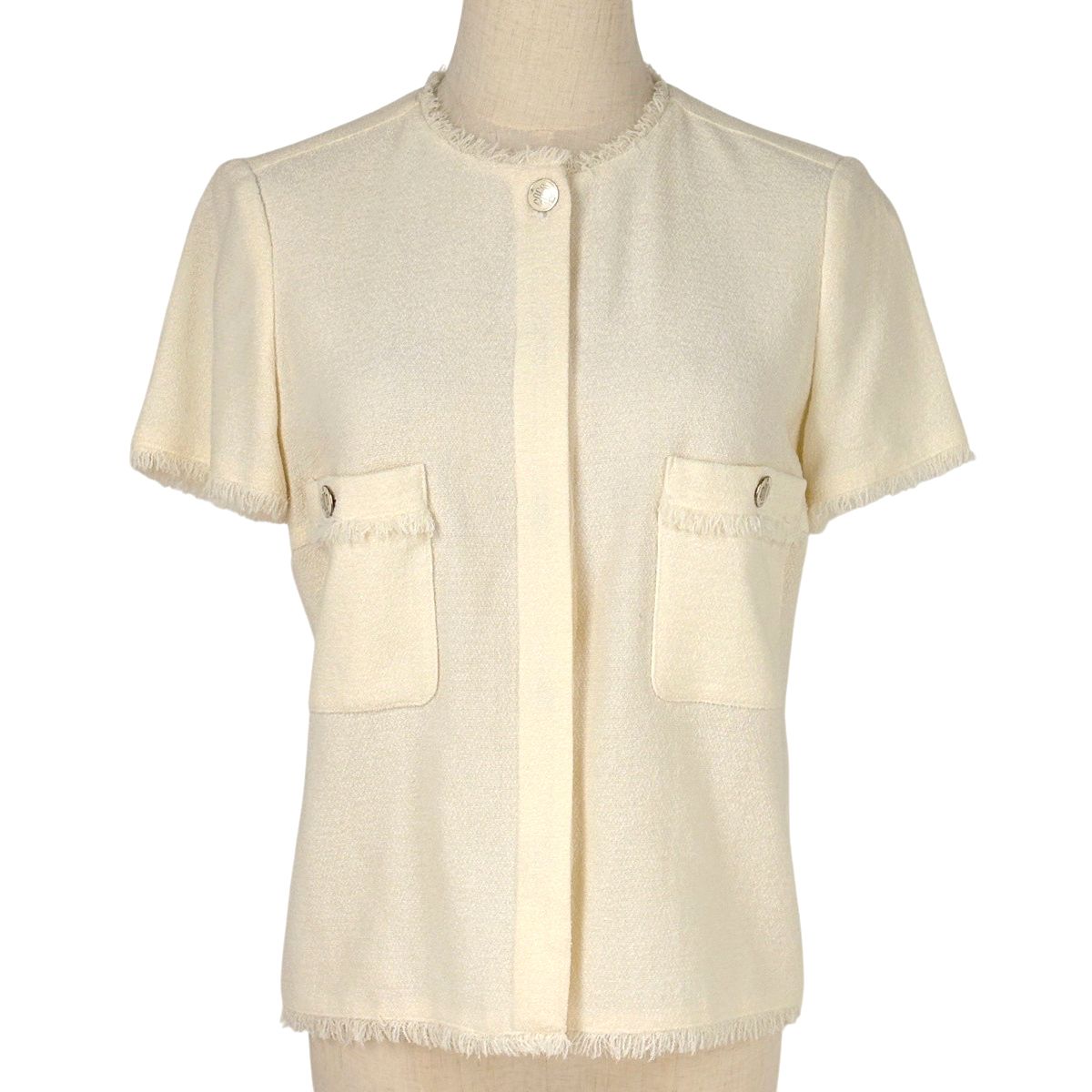 CHANEL フリンジノーカラージャケット CHANEL ノーカラージャケット 34 ブラック シルク ナイロン