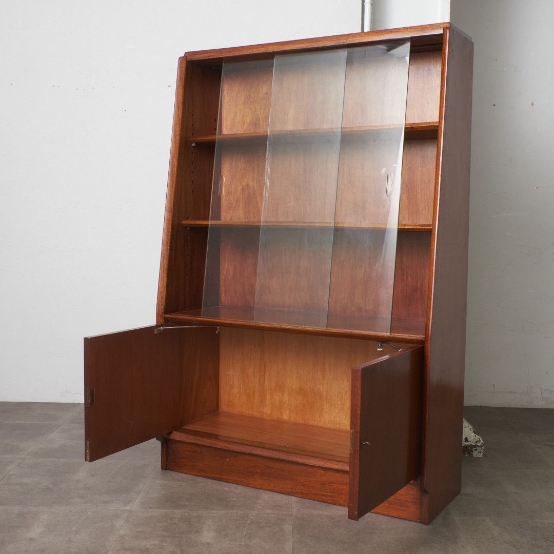 イギリス ヴィンテージ ガラス キャビネット 木製 本棚 飾り棚 ナロー