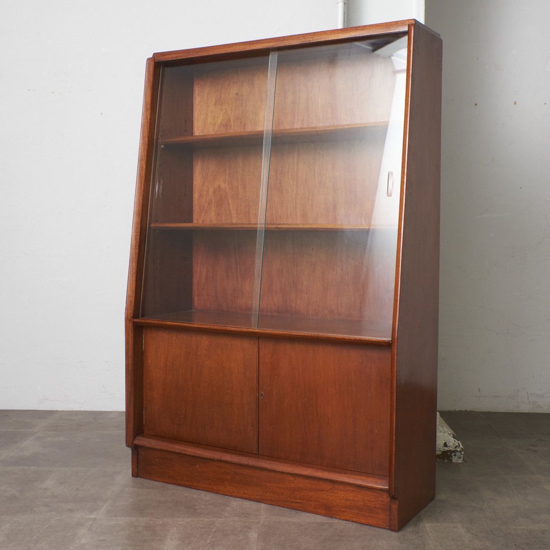 イギリス ヴィンテージ ガラス キャビネット 木製 本棚 飾り棚 ナロー