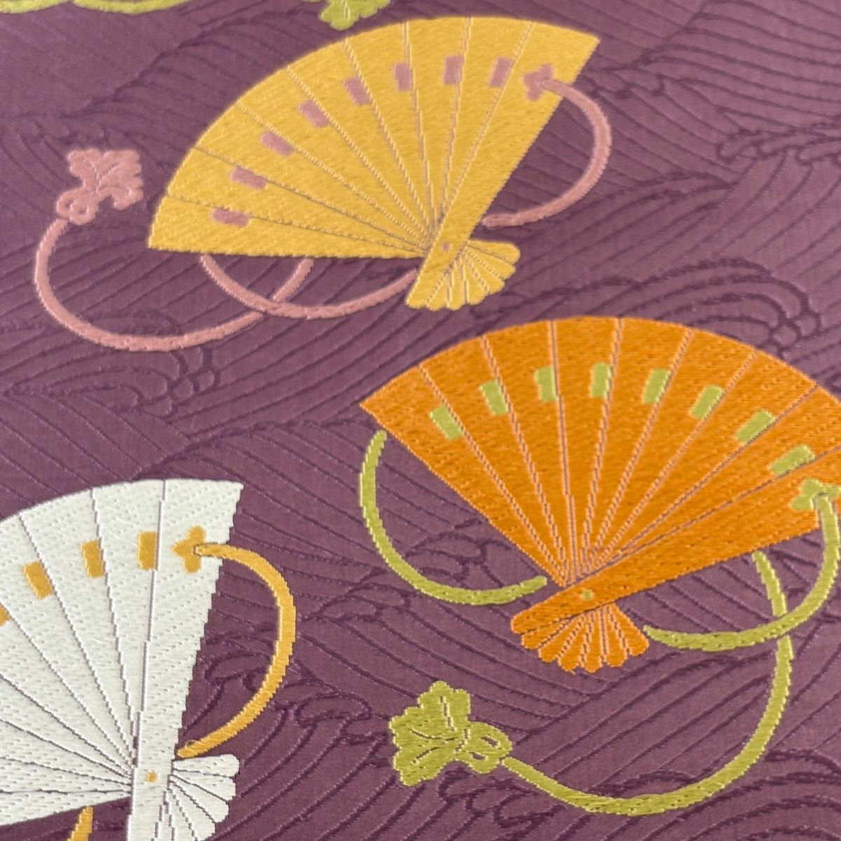 袋帯 名品 人間国宝 喜多川平朗 桧扇 波 刺繍 紫 六通 正絹 【中古