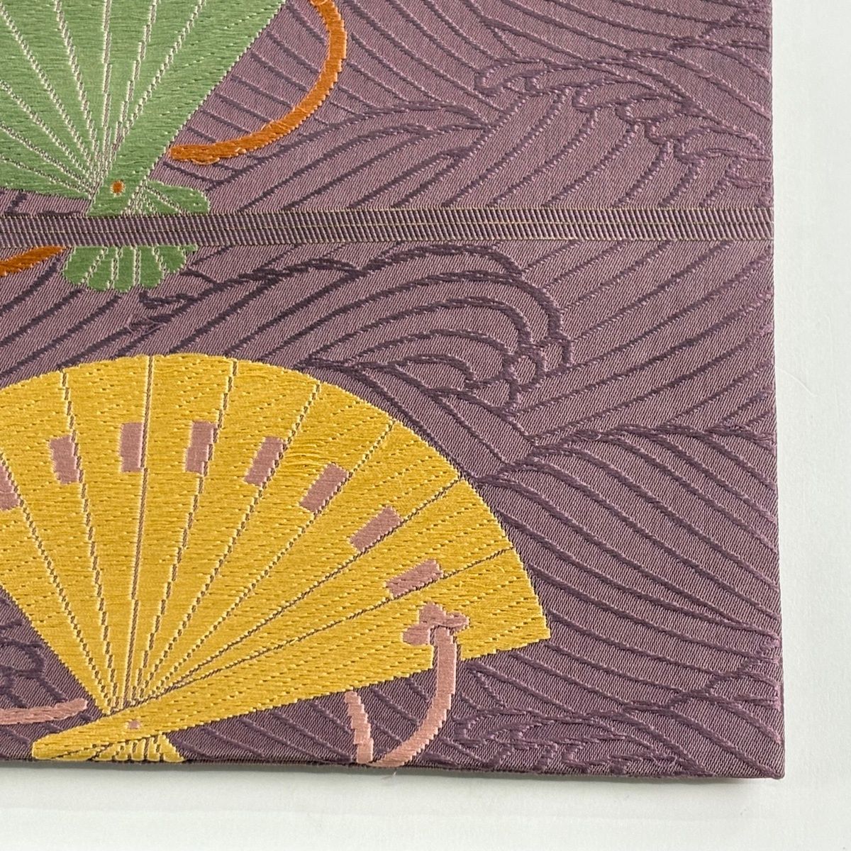 袋帯 名品 人間国宝 喜多川平朗 桧扇 波 刺繍 紫 六通 正絹 【中古