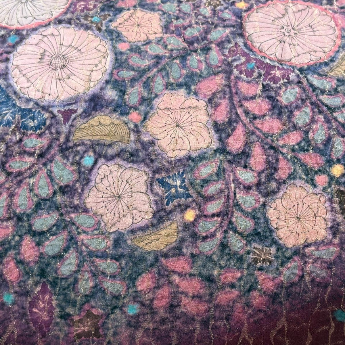 美品】 袋帯 名品 辻が花 幾何学模様 金糸 赤紫 お太鼓柄 正絹 【中古