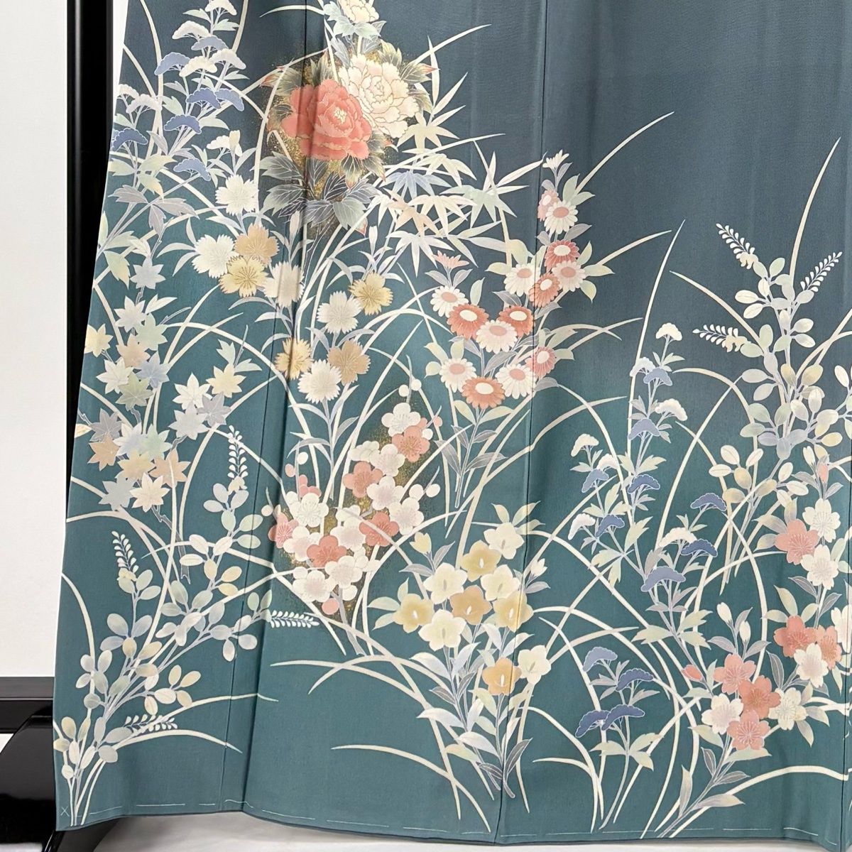 訪問着 身丈169cm 裄丈67cm M 袷 秋草 金彩 ぼかし 青灰色 正絹 秀品