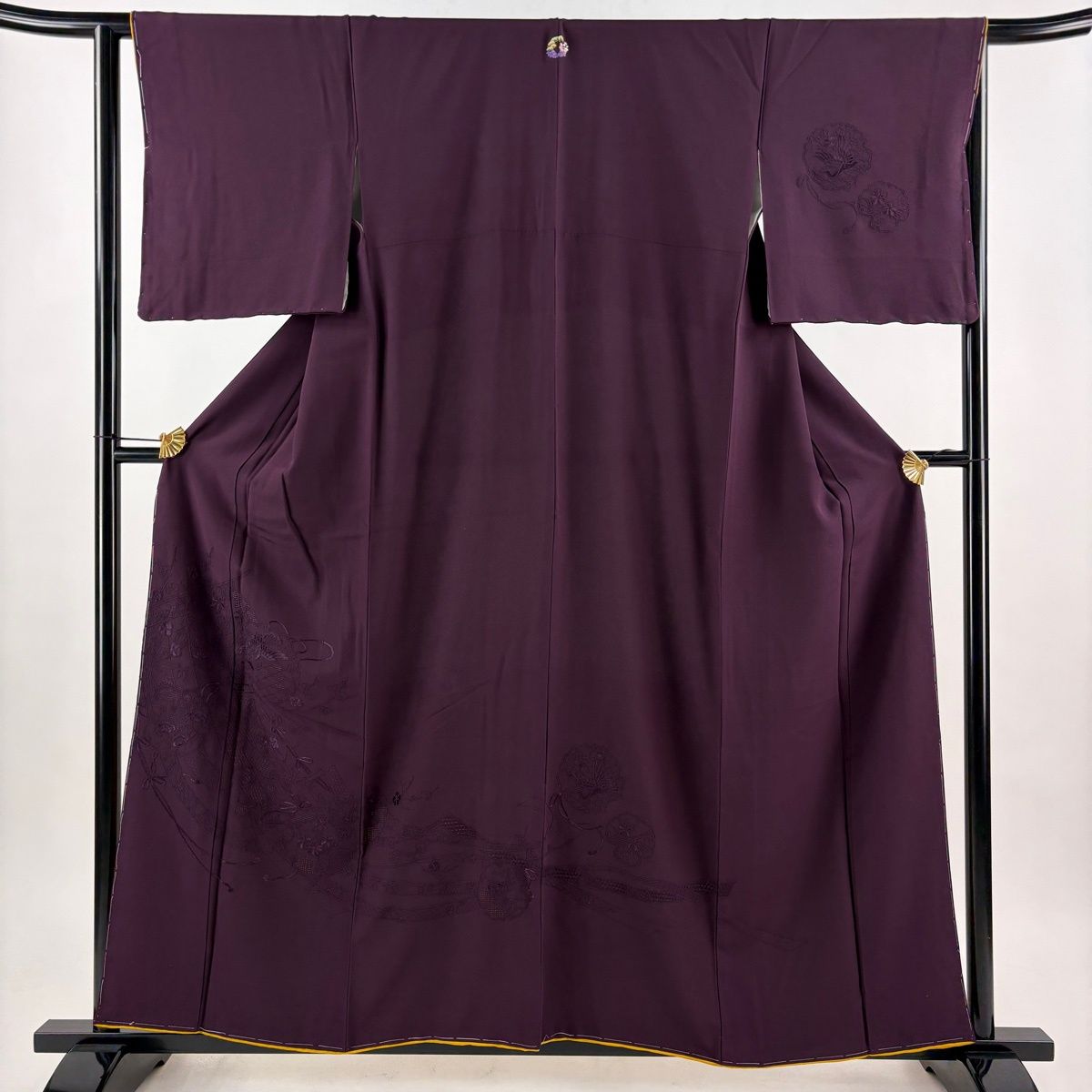 付下げ 身丈158.5cm 裄丈64cm M 袷 几帳 雪輪 刺繍 濃紫 正絹 秀品 一
