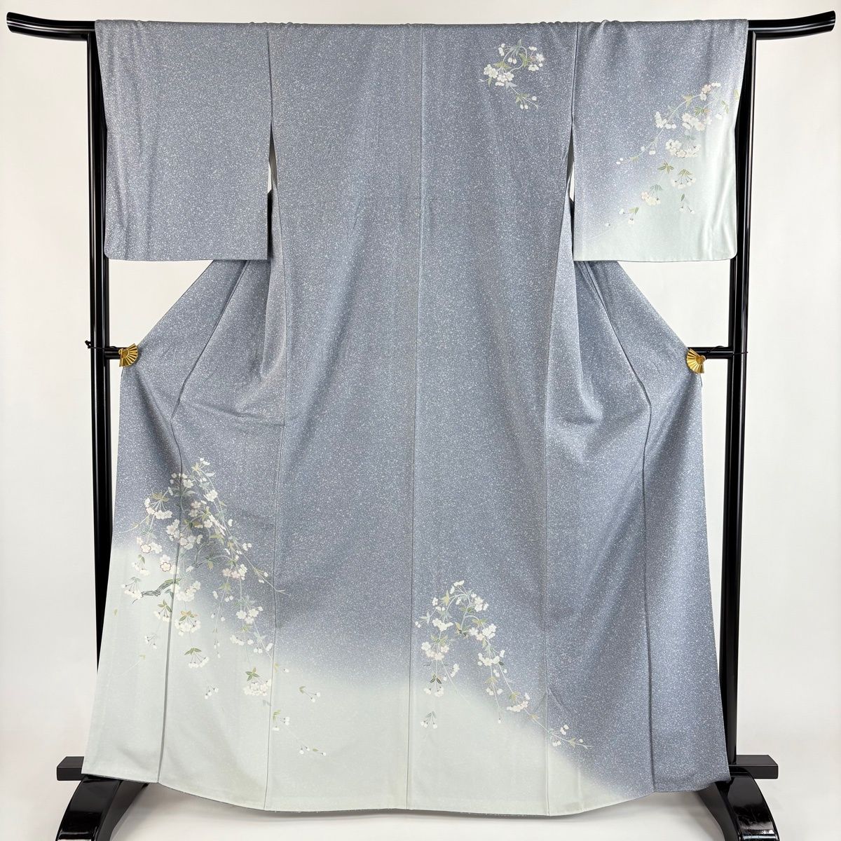 付下げ 身丈166cm 裄丈66cm M 袷 枝垂れ桜 金銀彩 ぼかし 青灰色 正絹