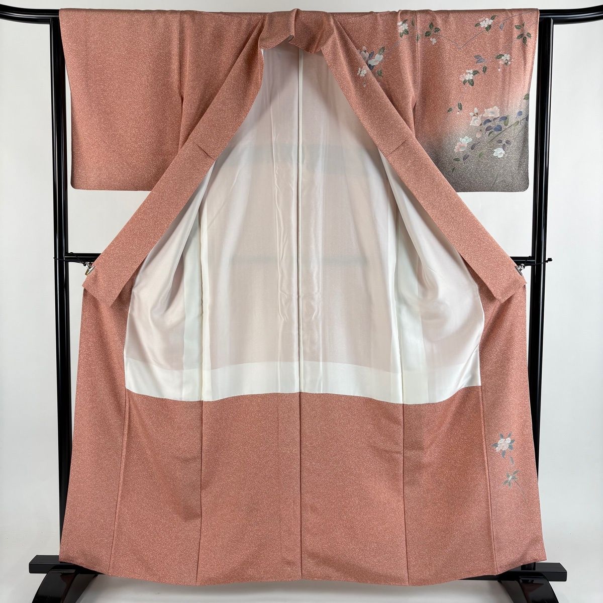 訪問着 身丈159cm 裄丈63cm S 袷 枝花 霞 ぼかし サーモンピンク 正絹
