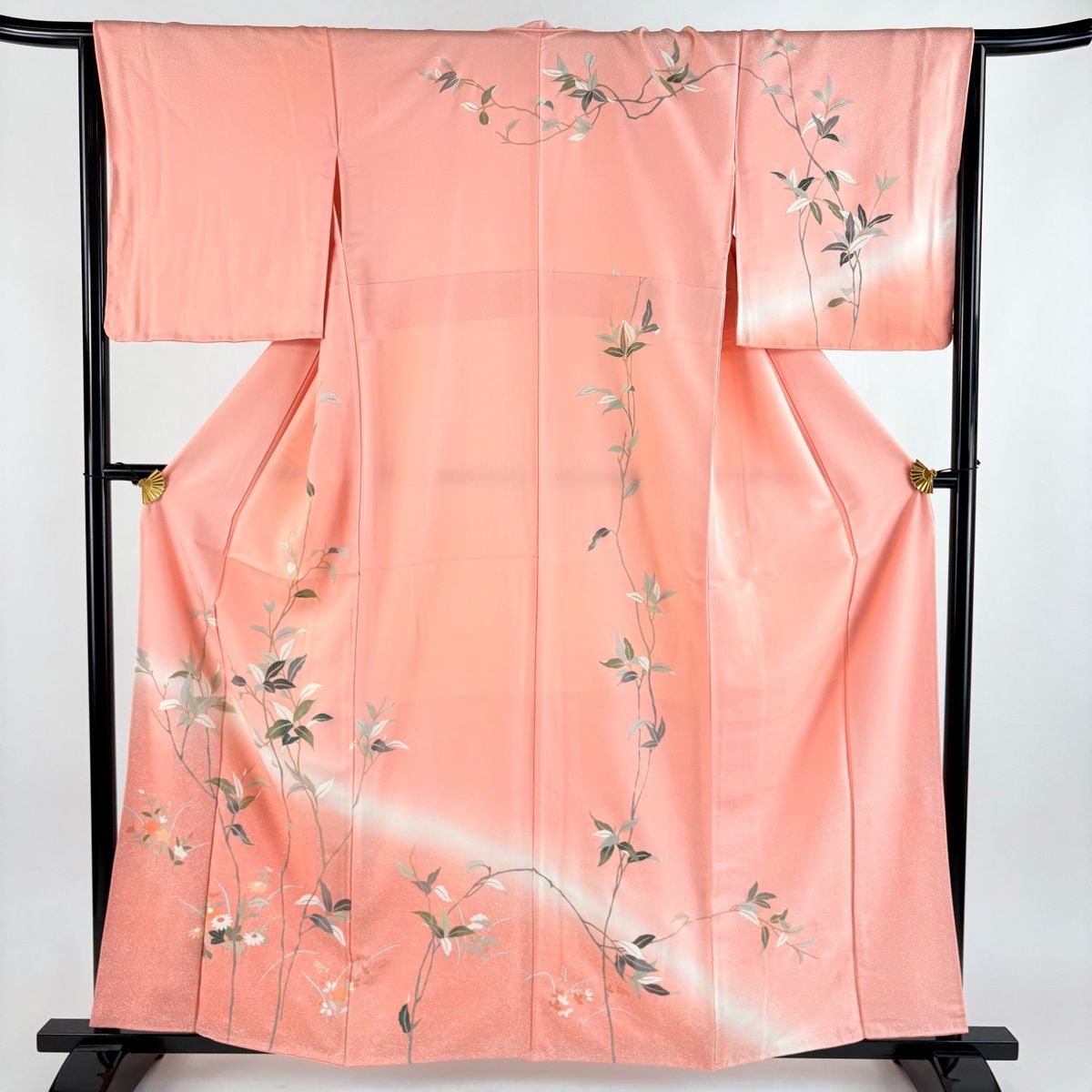 訪問着 身丈160cm 裄丈65.5cm M 袷 秋草 枝葉 金彩 ぼかし ピンク 正絹