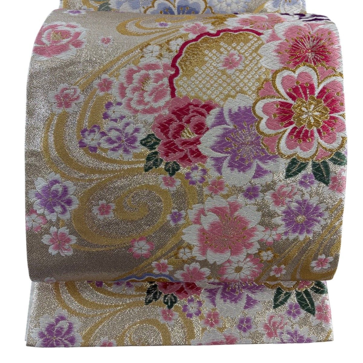 美品】 袋帯 秀品 雪輪 草花 金銀糸 唐織 金色 六通 正絹 【中古