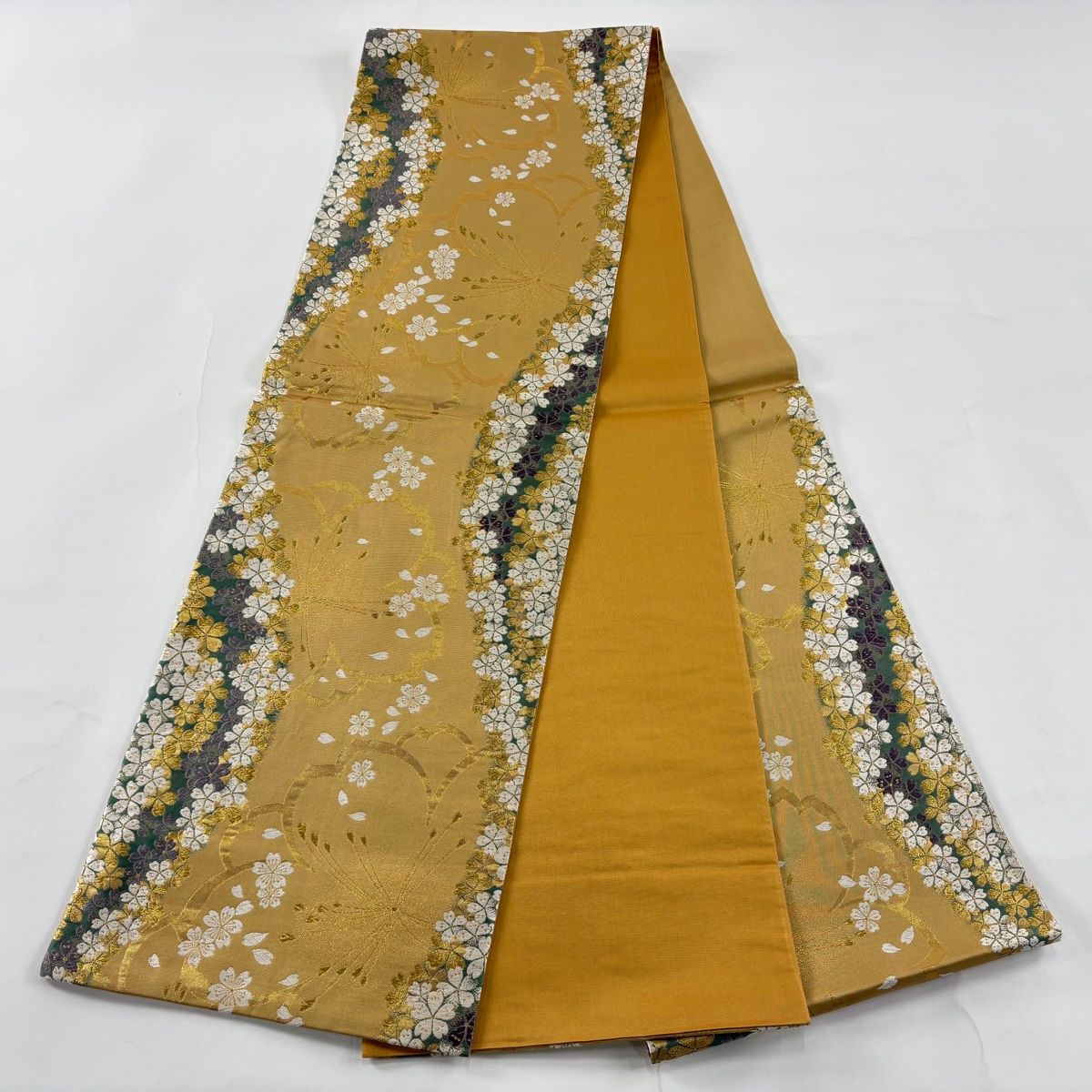 美品】 袋帯 秀品 朱雀 麗彩 鈴乃屋 桜 金糸 箔 黄土色 六通 正絹