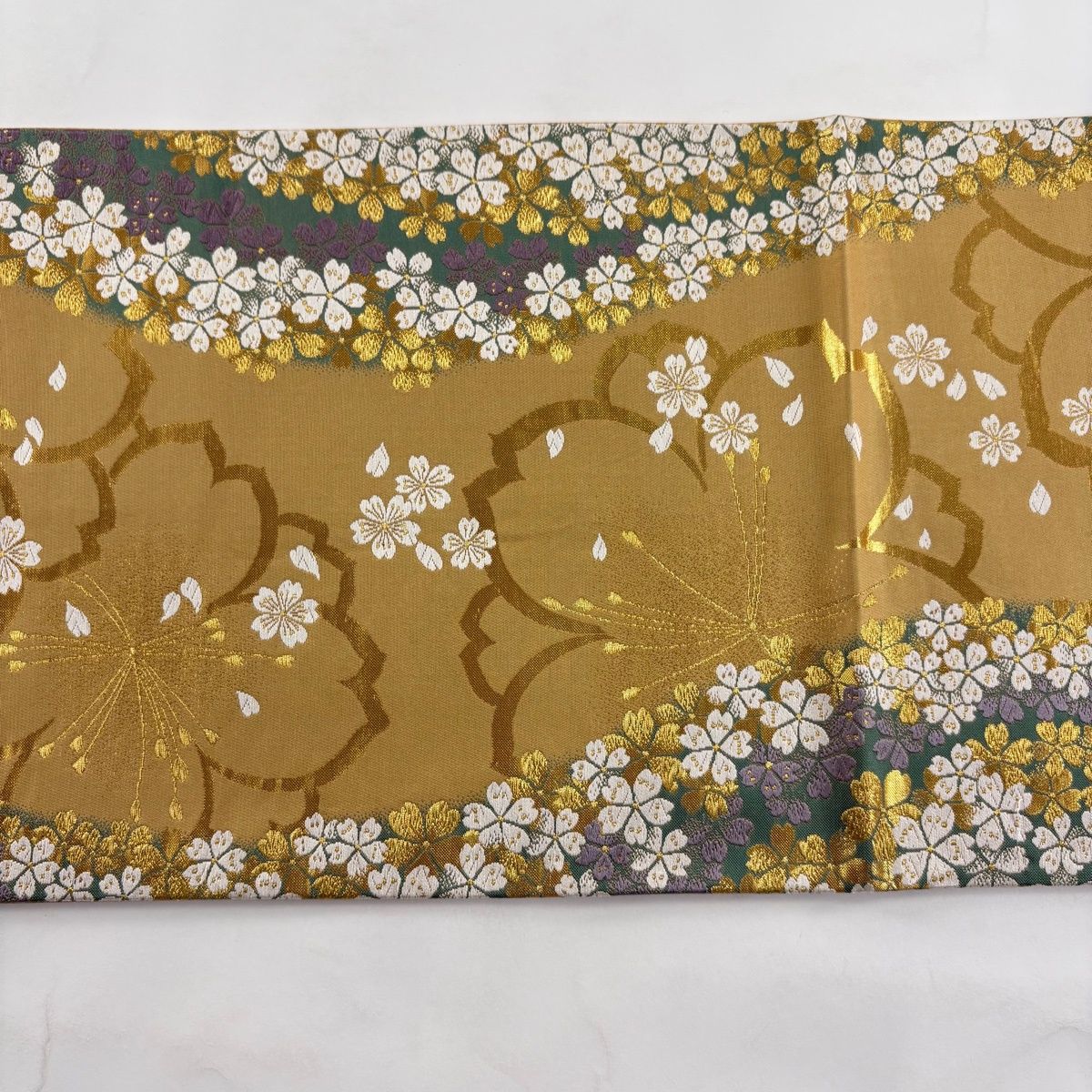 美品】 袋帯 秀品 朱雀 麗彩 鈴乃屋 桜 金糸 箔 黄土色 六通 正絹