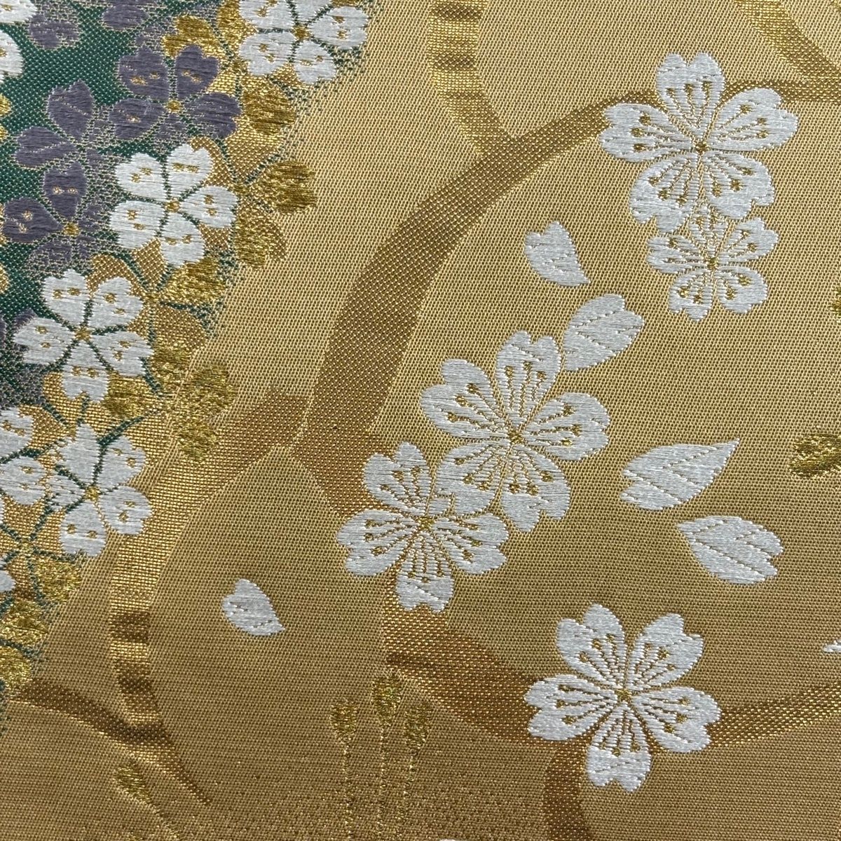 美品】 袋帯 秀品 朱雀 麗彩 鈴乃屋 桜 金糸 箔 黄土色 六通 正絹