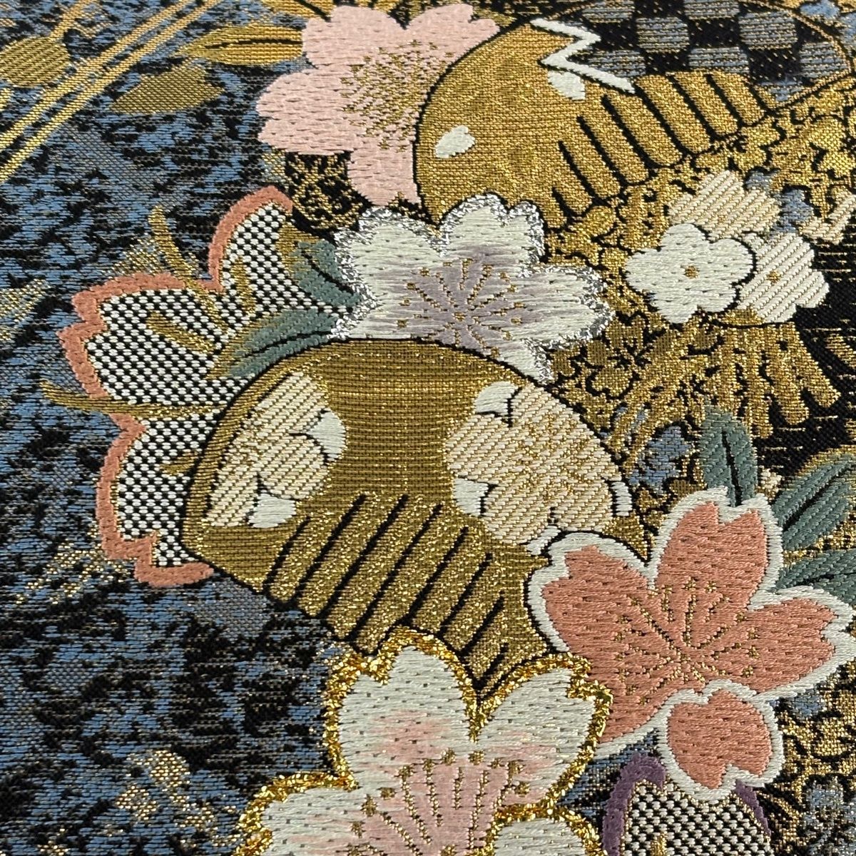 美品】 袋帯 秀品 やまと 桜 櫛 箔 金糸 青灰色 六通 正絹 【中古