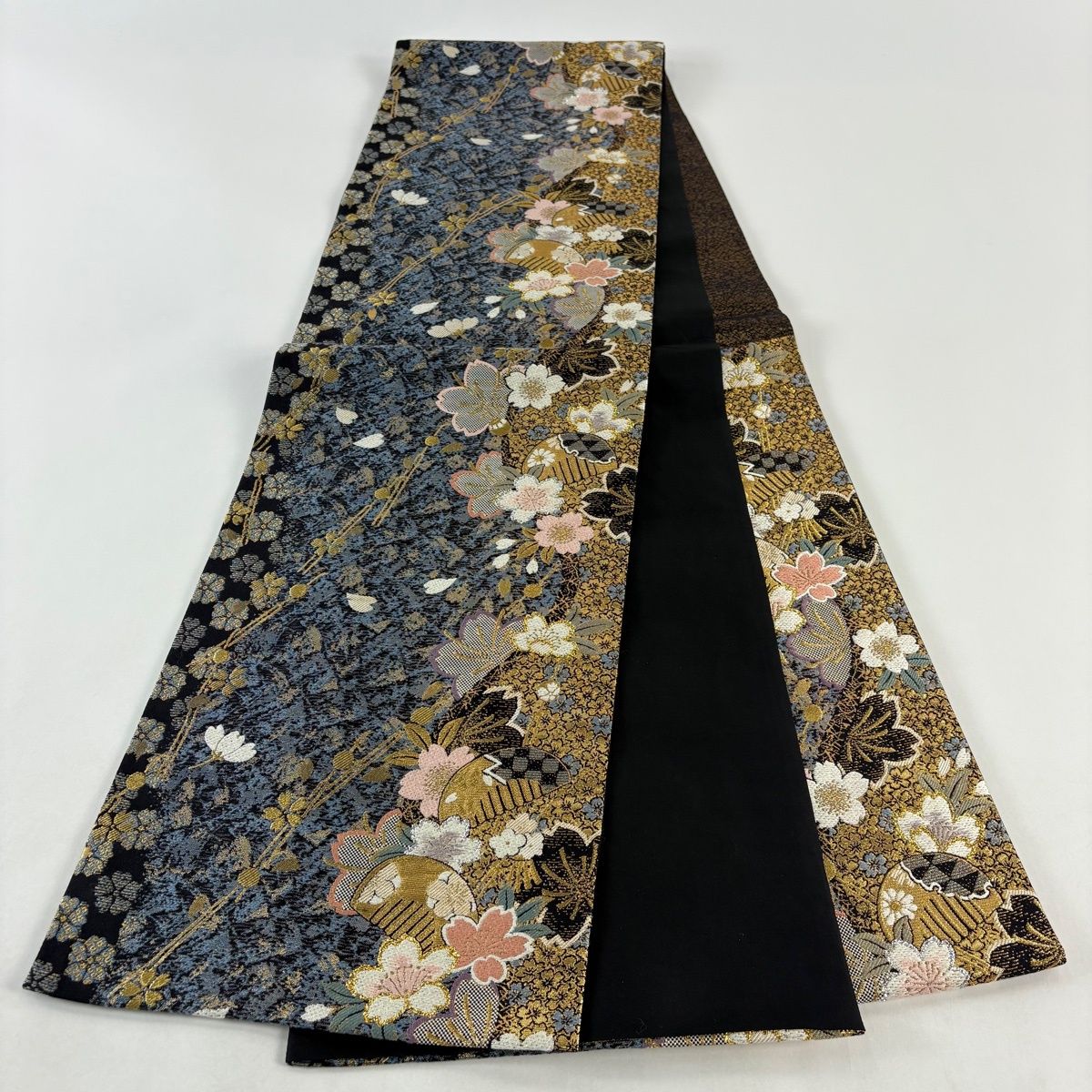 美品】 袋帯 秀品 やまと 桜 櫛 箔 金糸 青灰色 六通 正絹 【中古