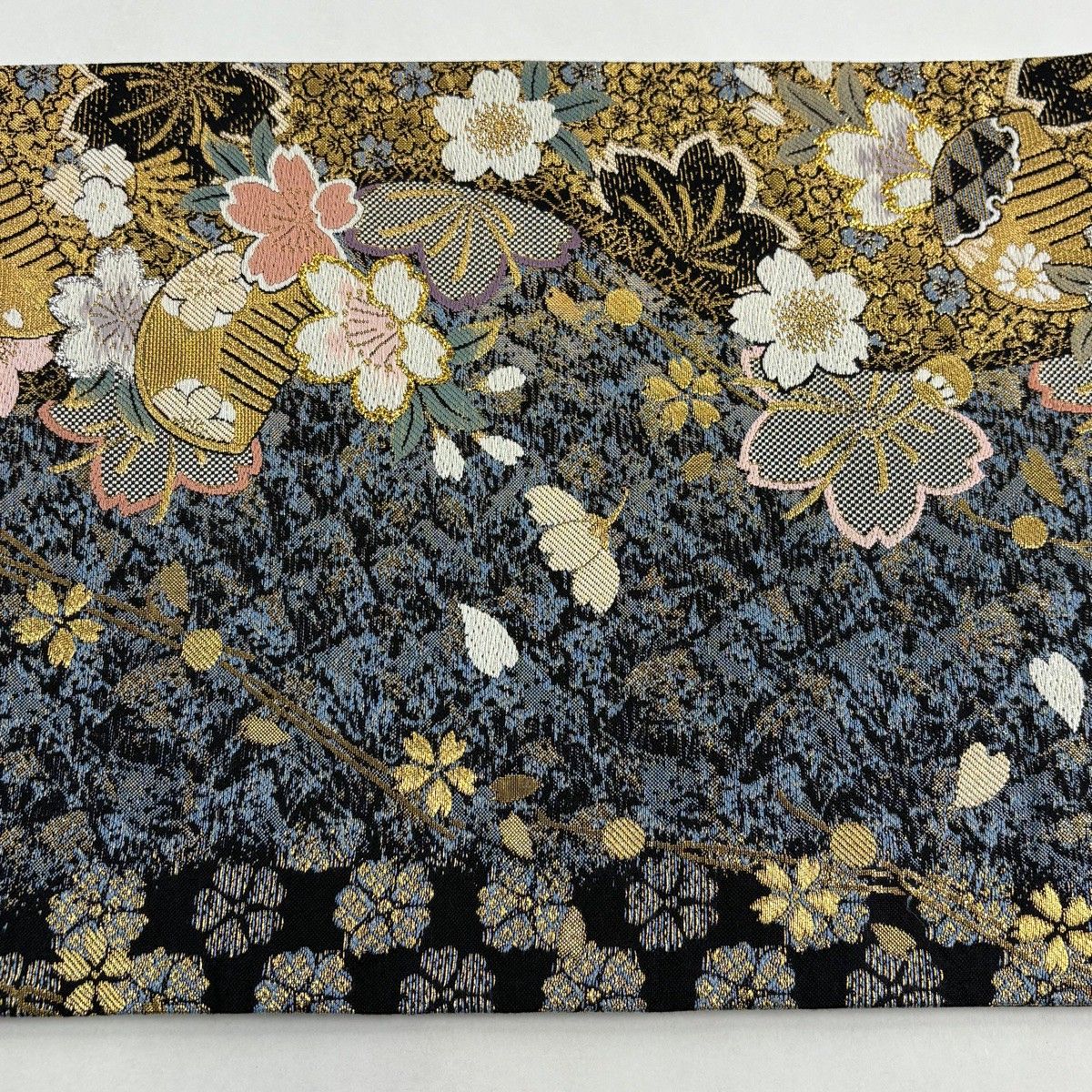 美品】 袋帯 秀品 やまと 桜 櫛 箔 金糸 青灰色 六通 正絹 【中古