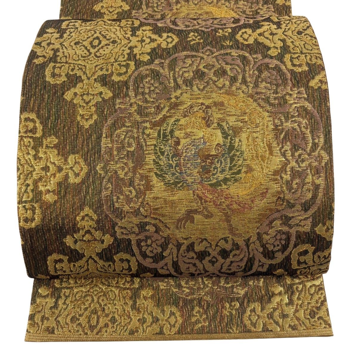 美品】 袋帯 秀品 鳳凰 幾何学模様 金糸 箔 金茶 六通 正絹 【中古