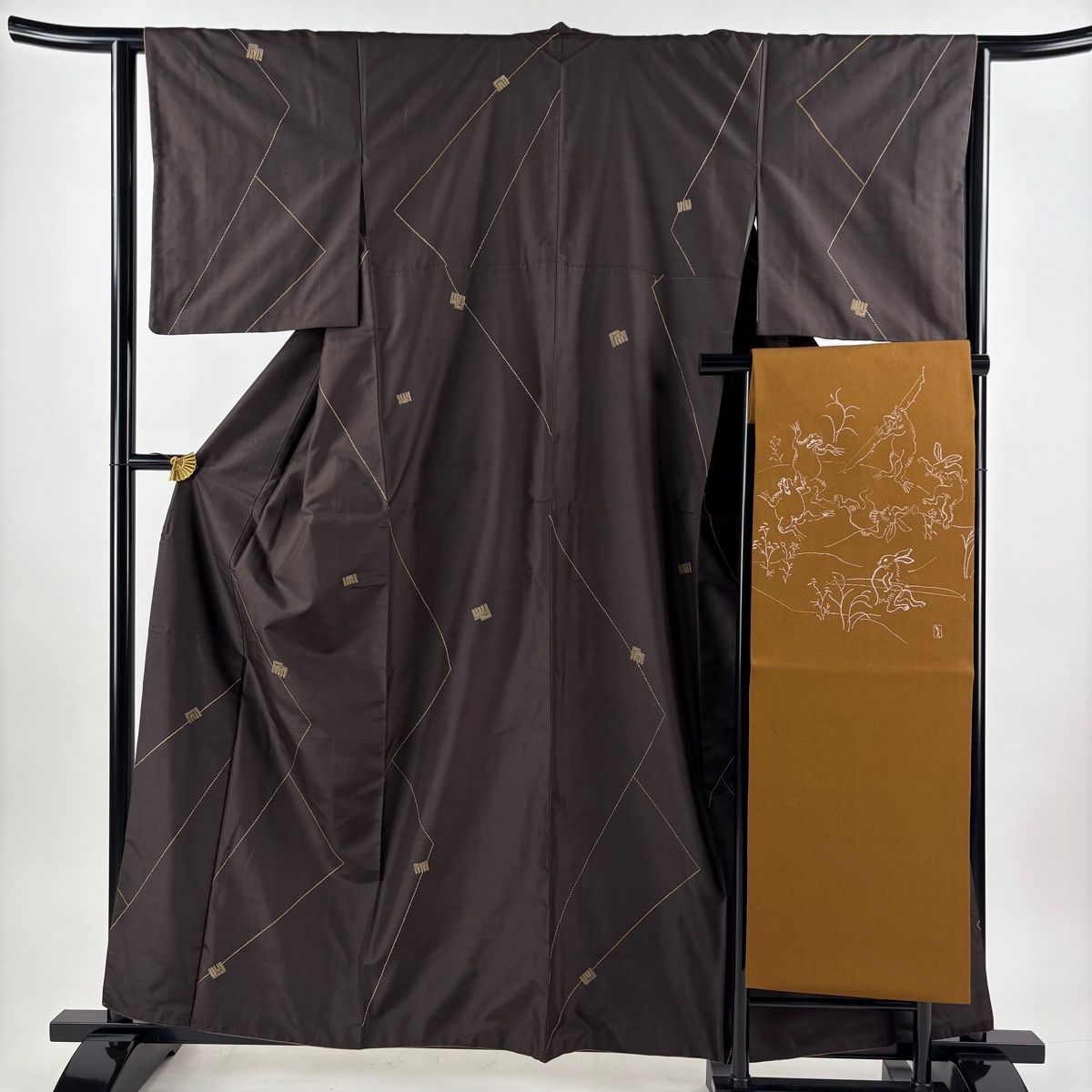 RY　未着用　ロング丈小紋　裄68.5　紬　雪輪　刺し子&名古屋帯 美品】 小紋 身丈159.5cm 裄丈63.5cm S 袷 紬地 名古屋帯セット 源氏香