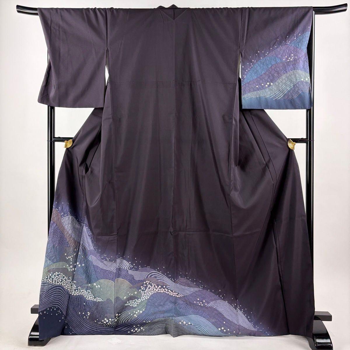 付下げ 身丈172cm 裄丈69.5cm L 袷 紬地 波 絞り 濃紫 正絹 秀品
