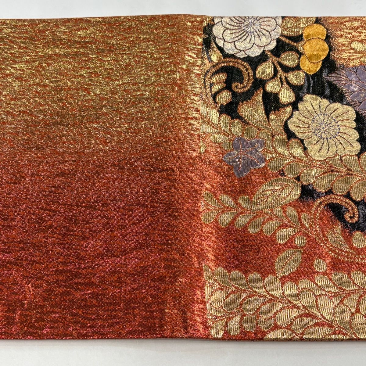 美品】 袋帯 秀品 振袖向き 辻が花柄 金銀糸 箔 オレンジ 六通 正絹