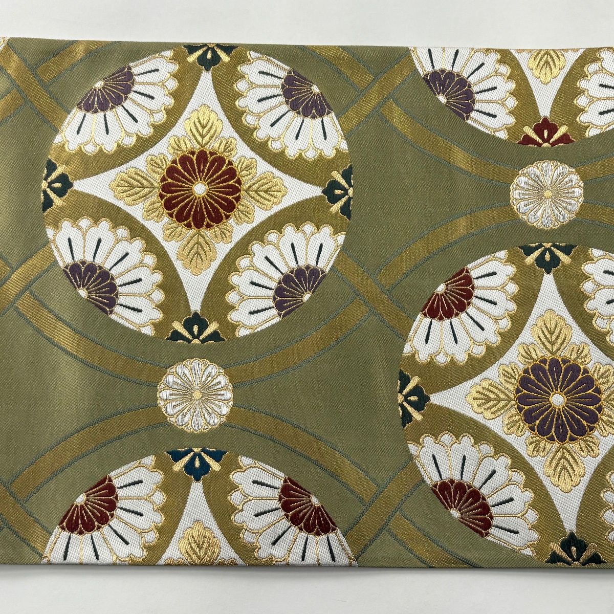 511my34◇本金箔 緑茶染 鳥襷 唐織七宝 菊花菱 金糸 銀糸 六通 袋帯◇ 511my34◇本金箔 緑茶染 鳥襷 唐織七宝 菊花菱 金糸 銀糸 六通