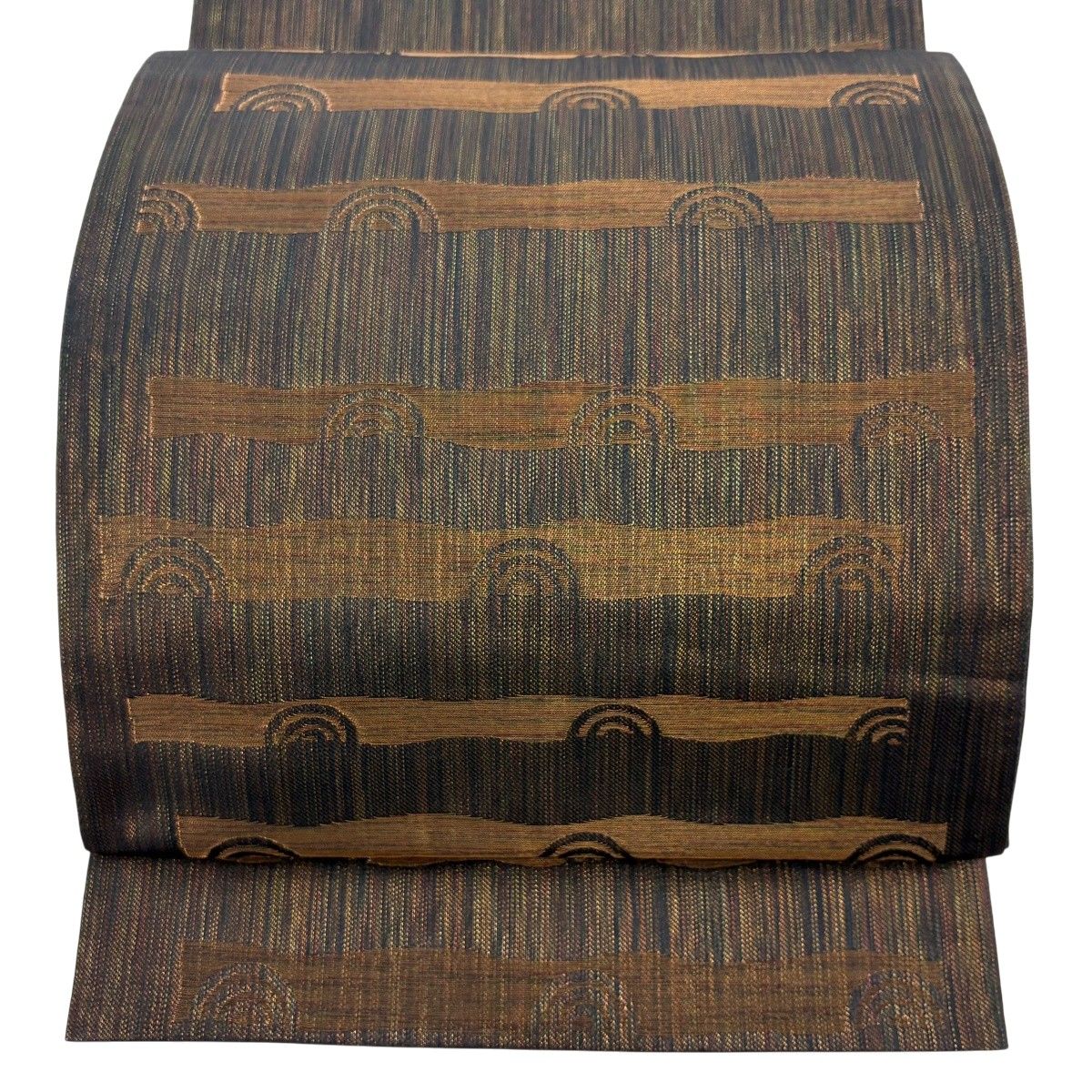 美品】 袋帯 秀品 渦巻き 幾何学模様 金糸 焦茶色 全通 正絹 【中古