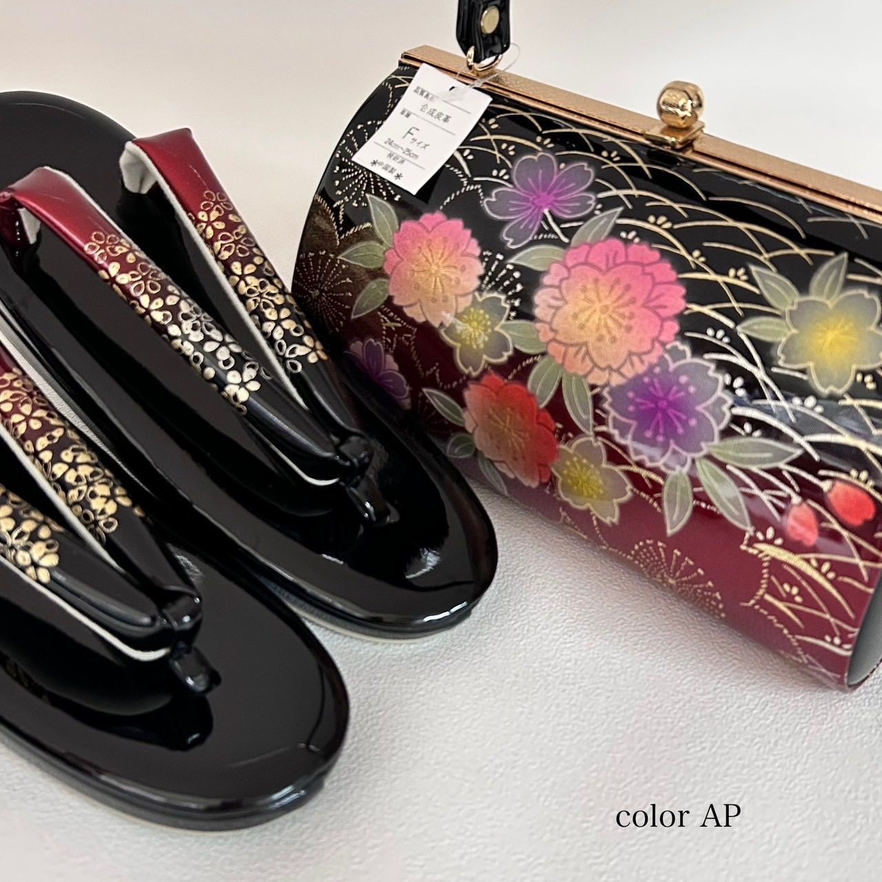 草履バッグセット エナメル 黒 赤 桜柄 二枚芯 振袖 成人式 卒業式