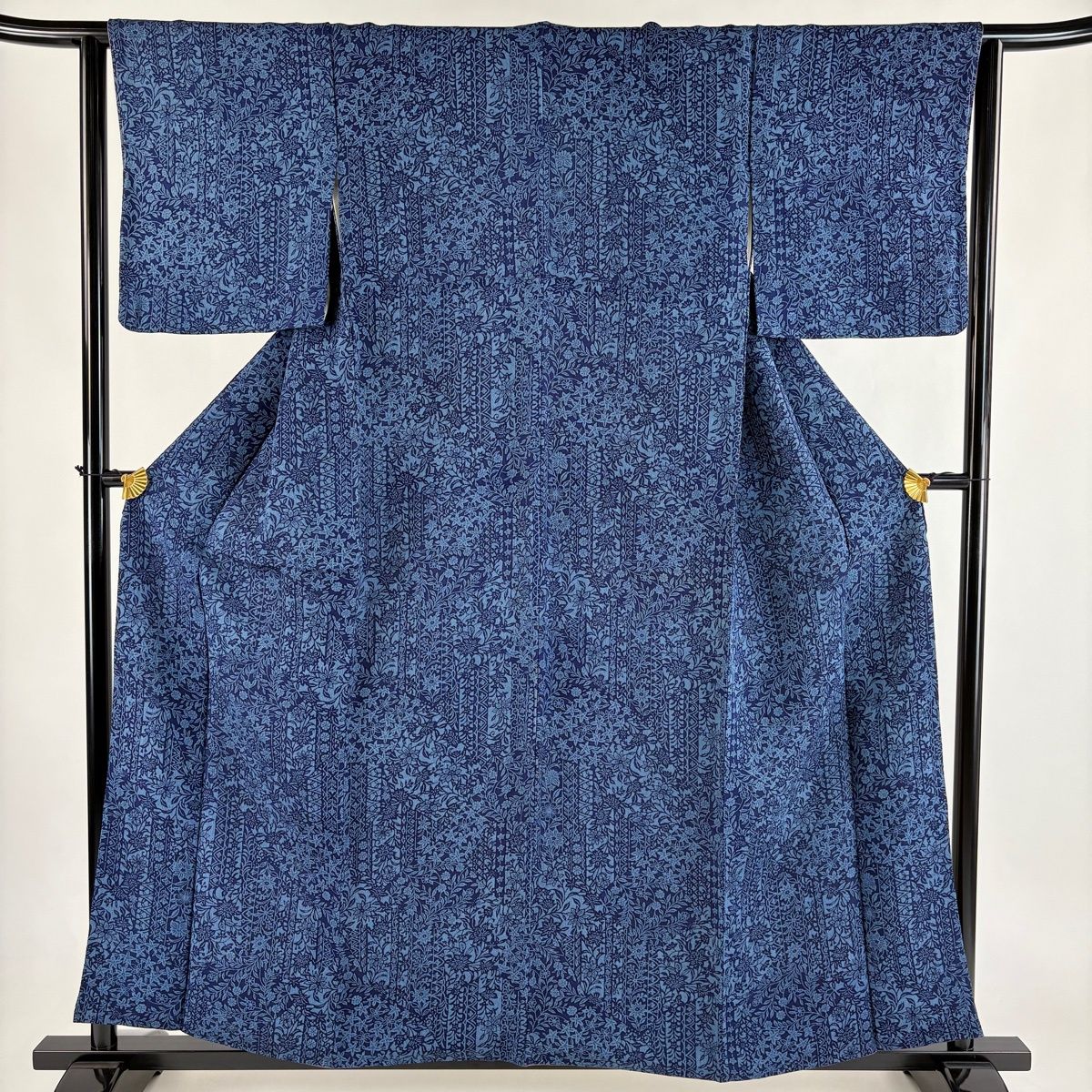 小紋 身丈156.5cm 裄丈64cm M 袷 草花 幾何学 縮緬 紺色 正絹 優品