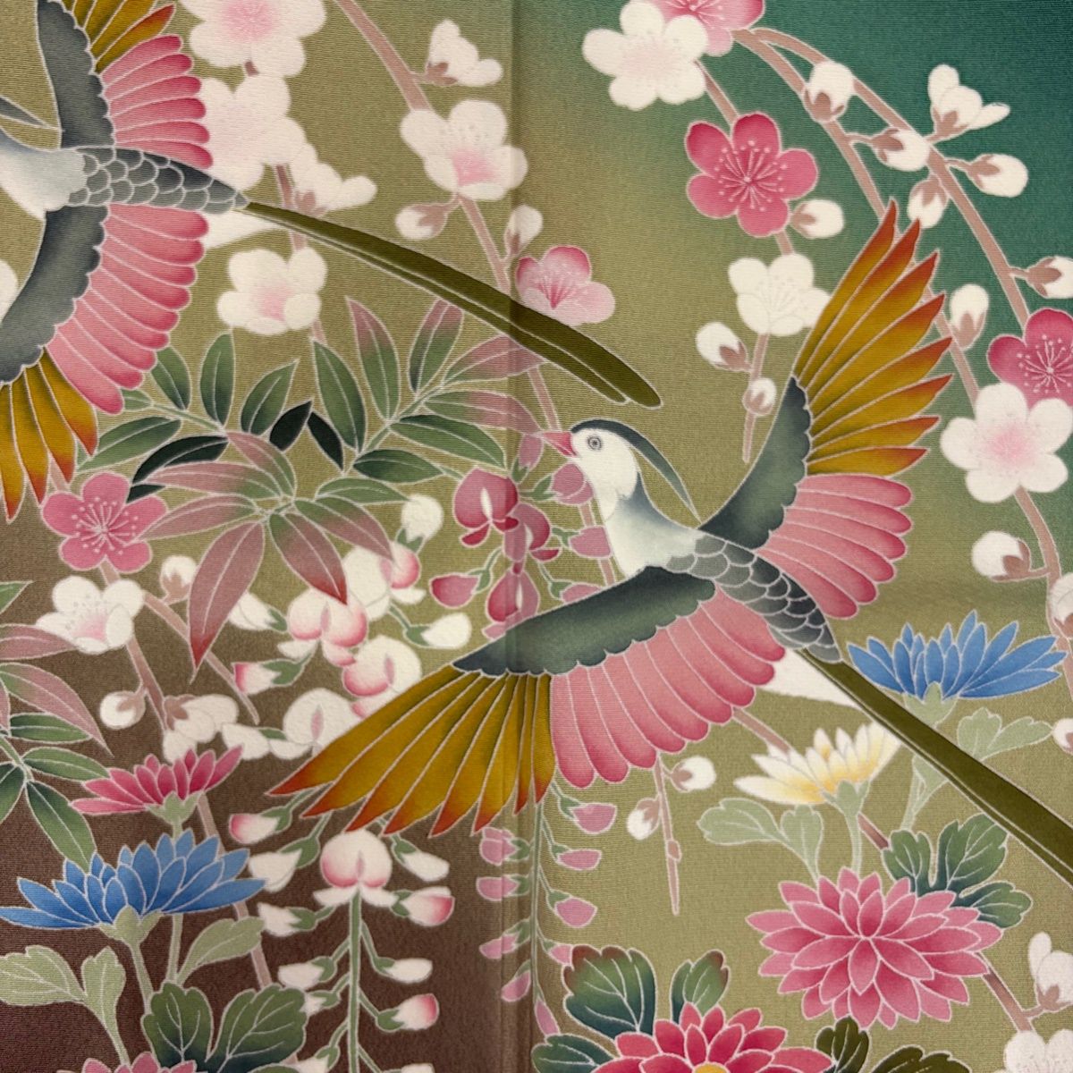 振袖 身丈162cm 裄丈66.5cm M 袷 落款 鳥 草花 染め分け ぼかし 緑