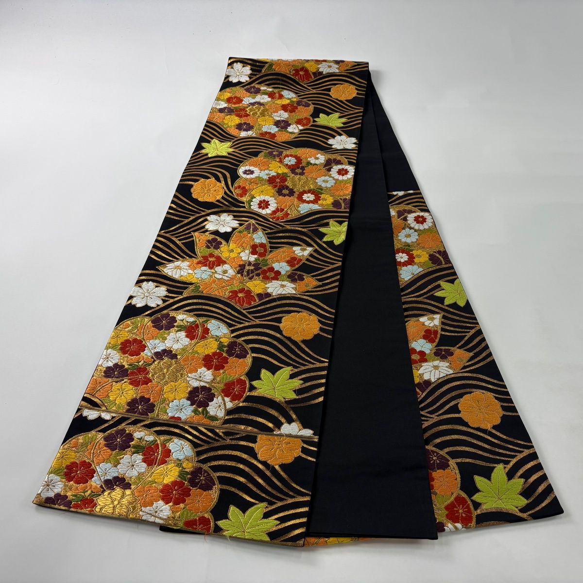 【ブランド帯】河合美術織物　最高級　六通　袋帯　成人式　扇子柄　花柄 ブランド帯】河合美術織物 最高級 六通 袋帯 成人式 扇子柄 花柄