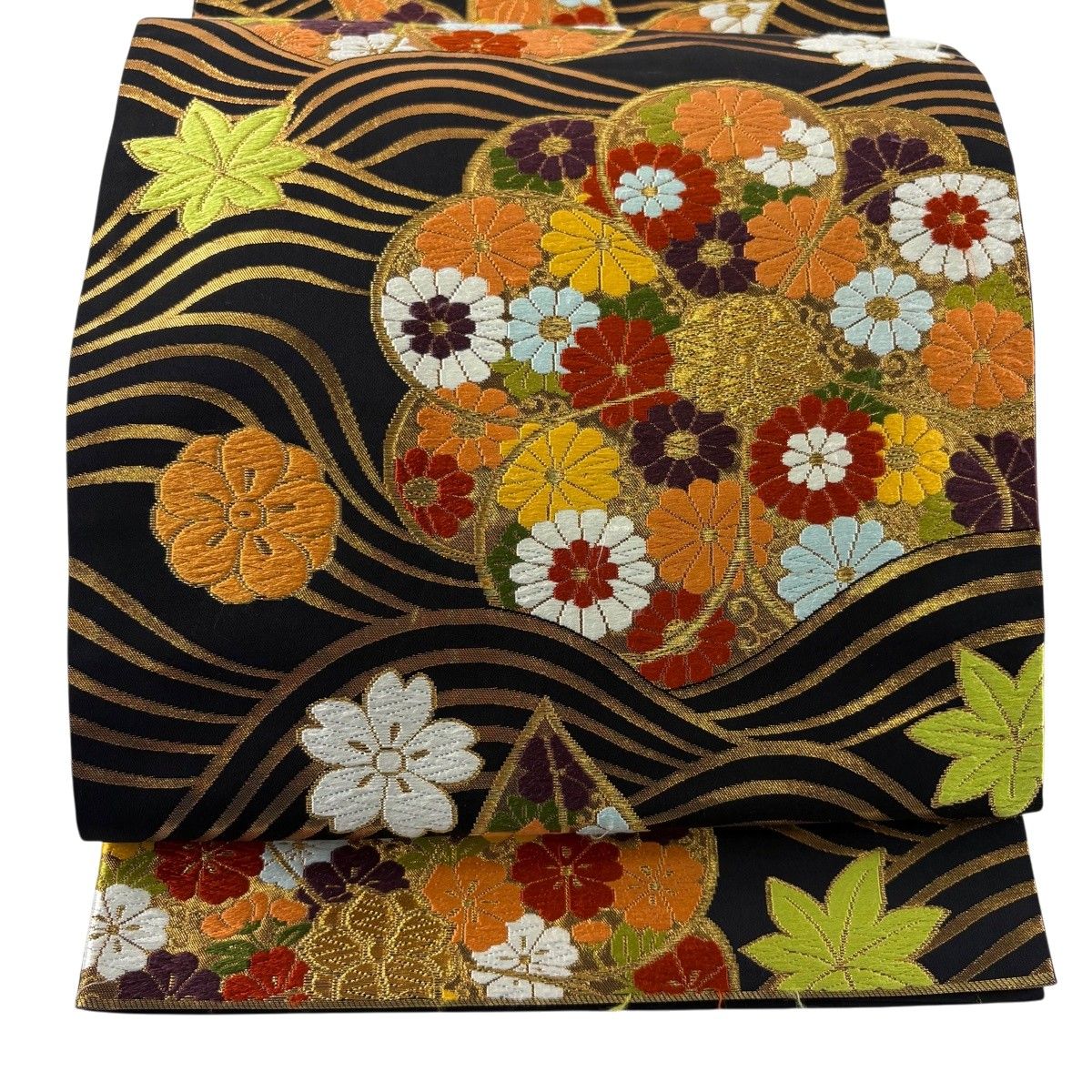 袋帯 名品 河合美術織物 落款 関西仕立て 振袖向き 草花 波 刺繍 箔 黒