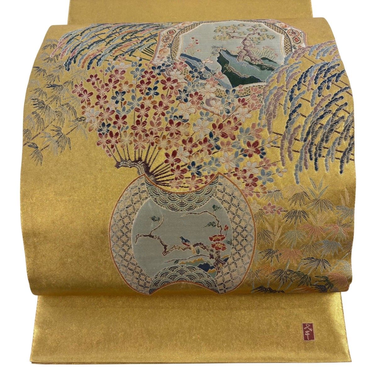 袋帯 美品 逸品 長嶋成織物 落款 関西仕立て 瀞金錦 松寿文 金糸 箔 金色 お太鼓柄 正絹 【中古】 袋帯 美品 逸品 長嶋成織物 落款 関西仕立て 瀞金錦 松寿文 金糸 箔 金色 お太鼓柄 正絹 【中古】