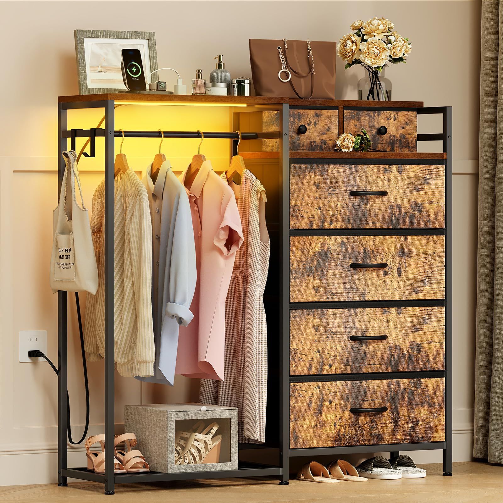 AODK ハンガーラック 引き出し付き タンス クローゼット 幅110×奥行