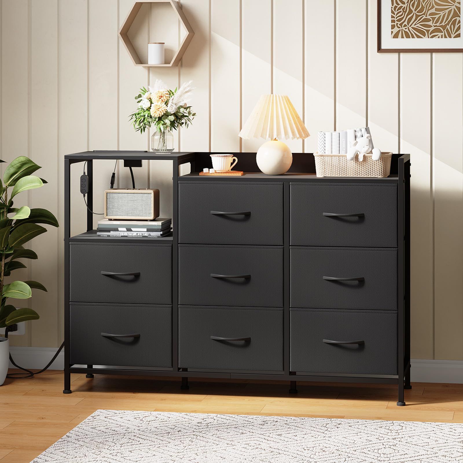 Somdot チェスト タンス 黒 収納 棚 引き出し 洋服タンス LED付き USB