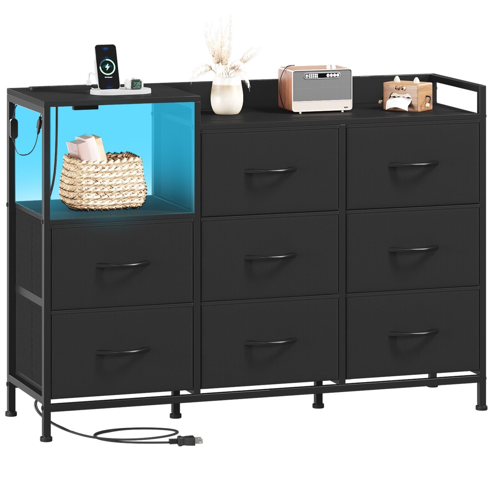 Somdot チェスト タンス 黒 収納 棚 引き出し 洋服タンス LED付き USB