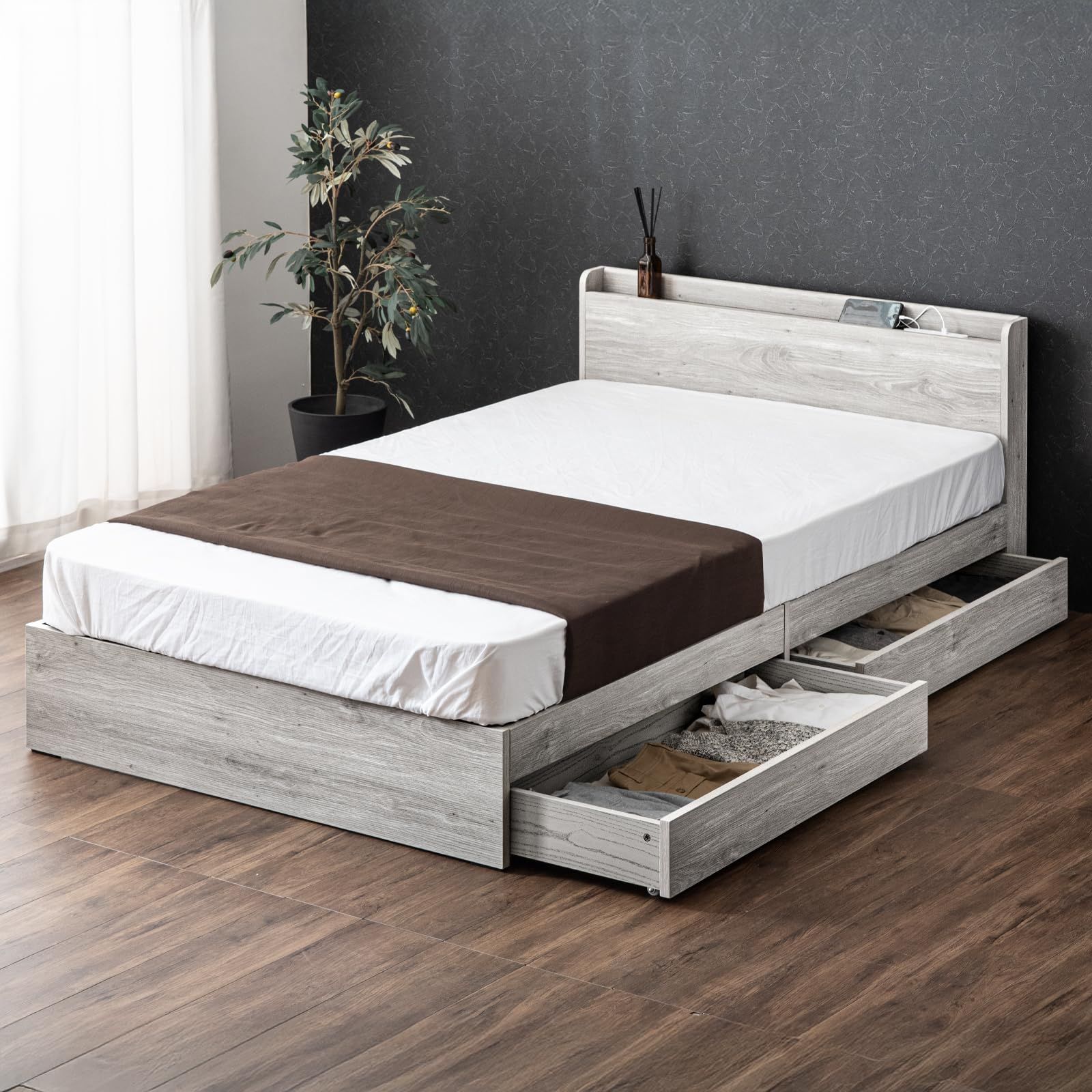 タンスのゲン ベッド シングル 収納 宮棚 スマホスタンド 2口